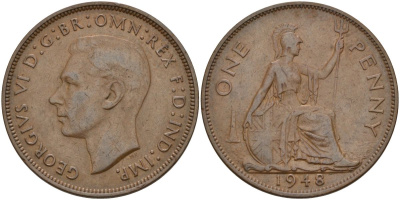 Великобритания 1 пенни 1948 Георг VI (1936-1952) KM 845, Spink 4114 бронза 4149-813