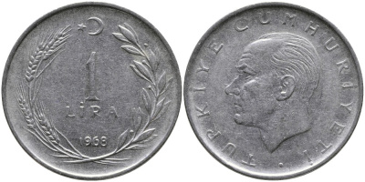 Турция 1 лира 1968 Мустафа Кемаль Ататюрк KM 889а.2 нержавеющая сталь 4538-833