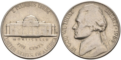 США 5 центов 1964 Джефферсон KM А192 медно-никель 4592-855