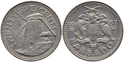 Барбадос 25 центов 1987 ветряная мельница Моргана Льюиса KM 13 медно-никель 4398-423