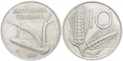 ИТАЛИЯ 10 ЛИР 1987 R, КОЛОСЬЯ, ПЛУГ KM 93 алюминий 4519-235