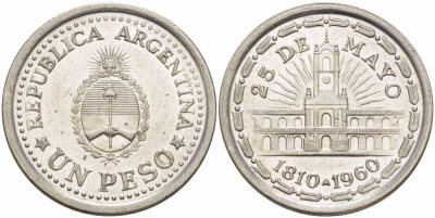 Аргентина 1 песо 1960 150 лет свержения Испанского вице-короля (1810-1960) KM 58 сталь плакированная никелем 108-1213