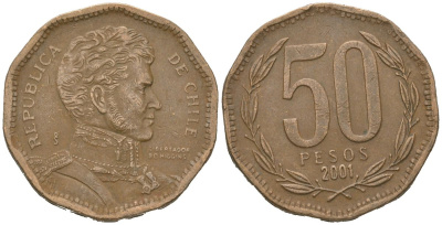 Чили 50 песо 2001 KM 219 алюминиевая бронза 4620-535