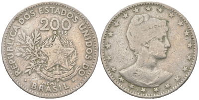 Бразилия 200 реалов 1901 MCMI, голова свободы вправо KM 504 медно-никель 4612-327