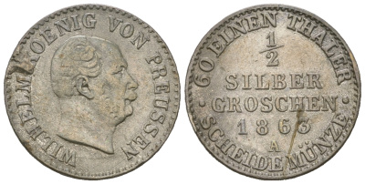 Пруссия 1/2 гроша 1863 A, Вильгельм I (1861-1888) Olding 416, AKS 104, Jaeger 88 серебро 4679-958