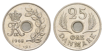 Дания 25 эре 1968 С; S, Фредерик IX (1947-1972) KM 855 медно-никель 4514-416