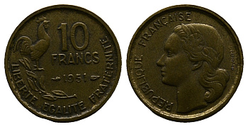 Франция 10 франков 1951 петух KM 915.1, Le Franc 363.4 алюминиевая бронза 261-731