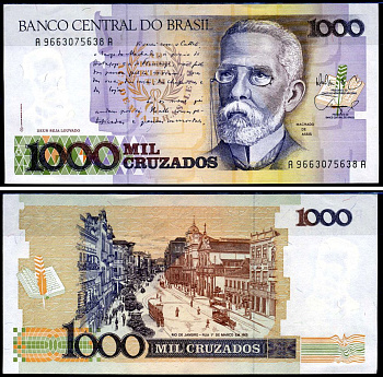 Бразилия 1000 крузадо ND (1987 & 1988) Центральный банк Бразилии Pick 213 b бумага UNC (пресс) 7148-19-3-1