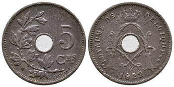 Бельгия 5 сантимов 1922 Belgique KM 66 медно-никель    4608-668