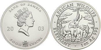 Замбия 5000 квача 2003 Африканские слоны KM 165 серебро UNC 1080-8-51