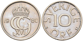 Швеция 10 эре 1980 Карл XVI Густав (1973- ) KM 850 медно-никель 4169-119