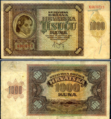 Хорватия 1000 кун 1941 Pick 4 a бумага 7548-103-2-2