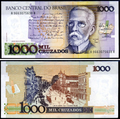 Бразилия 1000 крузадо ND (1987 & 1988) Центральный банк Бразилии Pick 213 b бумага UNC (пресс) 7148-19-3-1
