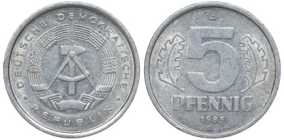 ГДР 5 ПФЕННИГОВ 1983 A КМ 9.2 алюминий 62-435