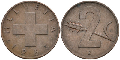 Швейцария 2 раппена 1963 В KM 47 бронза 4591-1243