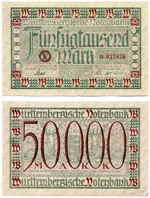 ШТУТГАРТ 50000 МАРОК 1923 10 ИЮНЯ 1923, НОТГЕЛЬД, WURTEMBERGISCHE NOTENBANC, СЕРИЯ H037826, ЗЕМЛЯ БАДЕН-ВЮРТЕМБЕРГ Keller 4930a бумага 00-00