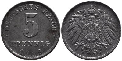 ГЕРМАНИЯ 5 ПФЕННИГОВ 1919 A KM 19, Jager 297, Weege 5 железо 4547-614