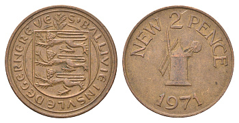 Гернси 2 новых пенса 1971 Елизавета II (1952-2022), ветряная мельница KM 22 бронза 4703-1054