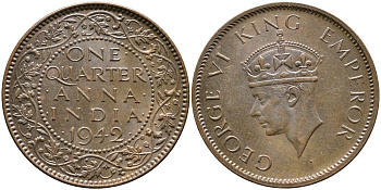 Британская Индия 1/4 анна 1942 Георг VI (1937-1952) KM 531 бронза aUNC 4364-1057