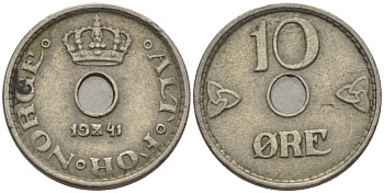 НОРВЕГИЯ 10 ЭРЕ 1941 ХОКОН VII (1905-1957) KM 383 медно-никель 100-118
