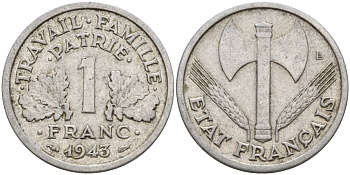 Франция 1 франк 1943 LB, тип Lourde, правительство Виши KM 902.1 алюминий 4142-931
