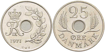 ДАНИЯ 25 ЭРЕ 1971 С; S, ФРЕДЕРИК IX (1947-1972) KM 855.1 медно-никель UNC 94-546