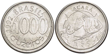 Бразилия 1000 крузейро 1993 реформа 1990-1993, рыбка Акара KM 626 нержавеющая сталь 26-627