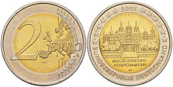 ФРГ 2 евро 2007 J, серия федеральные земли, Мекленбург-Передняя Померания, Шверинский замок KM 260 биметалл UNC 4111-744