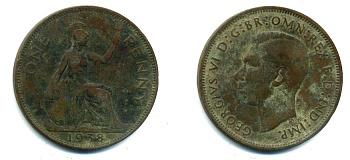 Великобритания 1 пенни 1938 Георг VI (1936-1952) KM 845, Spink 4114 бронза 37-532