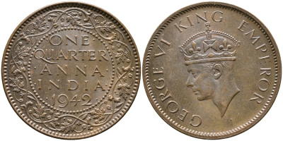 Британская Индия 1/4 анна 1942 Георг VI (1937-1952) KM 531 бронза aUNC 4364-1057
