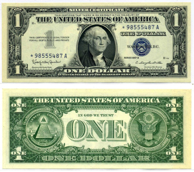 США 1 доллар 1957 В, signatures: Granahan & Dillon, СЕРЕБРЯННЫЙ сертификат Pick 419d бумага UNC (пресс) 7204-31-3-2