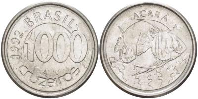 Бразилия 1000 крузейро 1993 реформа 1990-1993, рыбка Акара KM 626 нержавеющая сталь 26-627