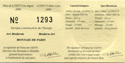 Франция 1 евро = 6,55957 франков 2000 стиль арт-модерн в архитектуре в коробке с сертификатом KM 1228 серебро PROOF 4-3-3-28