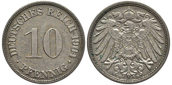 ГЕРМАНИЯ 10 ПФЕННИГОВ 1904 D KM 12, Jager 13, Weege 8 медно-никель 219-414