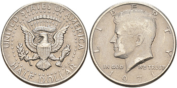 США 1/2 доллара (50 центов) 1971 Джон Кеннеди KM 202b медь плакированная медно-никелем 189-146