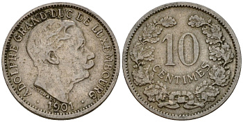Люксембург 10 сантимов 1901 Адольф (1890-1905) KM 25 медно-никель 4602-436