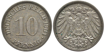 ГЕРМАНИЯ 10 ПФЕННИГОВ 1904 D KM 12, Jager 13, Weege 8 медно-никель 219-414