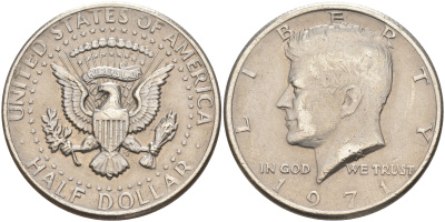 США 1/2 доллара (50 центов) 1971 Джон Кеннеди KM 202b медь плакированная медно-никелем 189-146