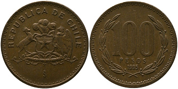 Чили 100 песо 1995 So KM 226.2, Schon 71 алюминиевая бронза 4544-1225