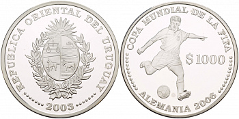 Уругвай 1000 песо 2003 чемпионат мира по футболу 2006 в Германии, удар по мячу КМ 122 серебро PROOF 1088-6-12