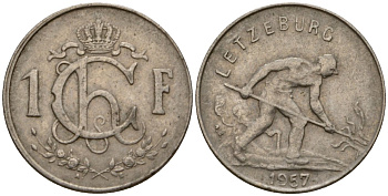 Люксембург 1 франк 1957 Шарлотта (1918-1964), сталевар KM 46.2 медно-никель 4603-1117