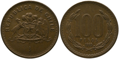 Чили 100 песо 1995 So KM 226.2, Schon 71 алюминиевая бронза 4544-1225