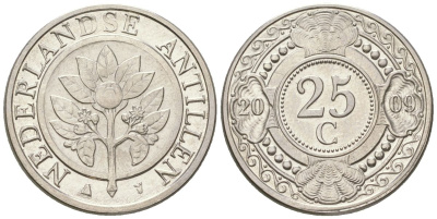 Нидерландские Антилы 25 центов 2009 Беатрикс (1980-2013) KM 35 сталь плакированная никелем aUNC 4611-843