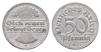 Германия 50 пфеннигов 1921 D KM 27, J. 301 алюминий aUNC 3856-843