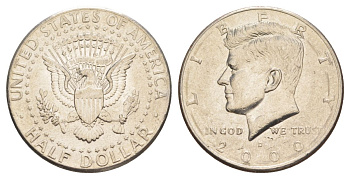 США 1/2 доллара (50 центов) 2000 D, Джон Кеннеди KM A202b медь плакированная медно-никелем aUNC 4517-235