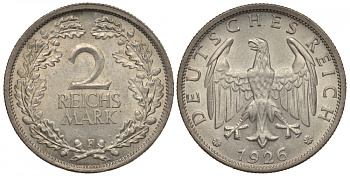 ГЕРМАНИЯ 2 РЕЙХСМАРКИ 1926 F J. 320, KM 45 серебро UNC 603-243
