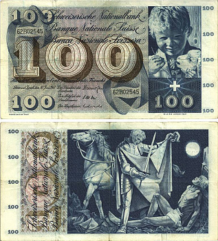 Швейцария 100 франков 1967 1 января 1967, серия 62 B, подпись 44 Pick 49 i бумага 8606-26-1-2