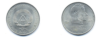 ГДР 20 марок 1972 А, Фридрих Шиллер (1759-1805) KM 40 медно-никель 3333-723