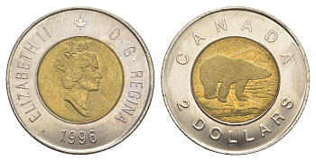 Канада 2 доллара 1996 Елизавета II (1952-2022), полярный медведь KM 270 биметалл UNC 4637-1017