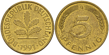 ФРГ 5 пфеннигов 1991 D J.382, KM 107 сталь плакированная латунью    4598-1115